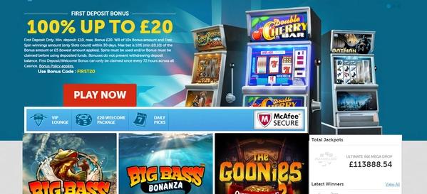 PlayMillion desktop welcome bonus page: 100% up to £20, Big Bass Splash, Goonies slots, McAfee secure jackpot wins.
